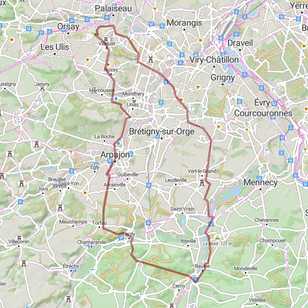 Miniature de la carte de l'inspiration cycliste "Les Bois de l'Essonne" dans la Ile-de-France, France. Générée par le planificateur d'itinéraire cycliste Tarmacs.app