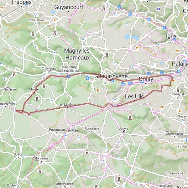 Miniature de la carte de l'inspiration cycliste "Les Vallées de l'Yvette" dans la Ile-de-France, France. Générée par le planificateur d'itinéraire cycliste Tarmacs.app