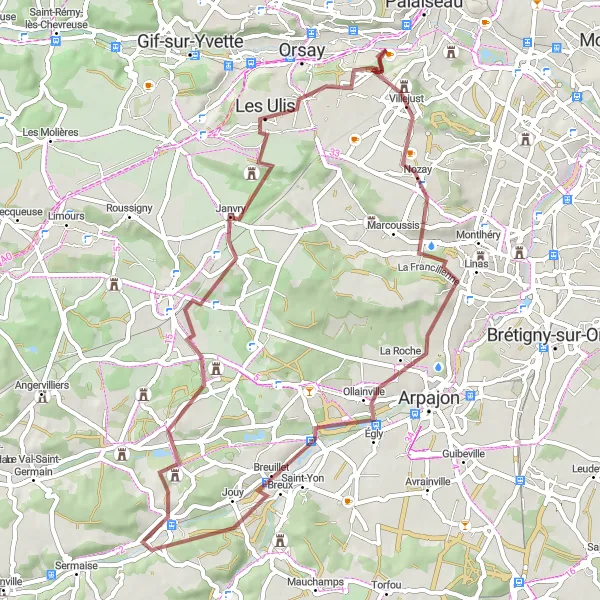 Miniature de la carte de l'inspiration cycliste "La Campagne Essonnienne" dans la Ile-de-France, France. Générée par le planificateur d'itinéraire cycliste Tarmacs.app