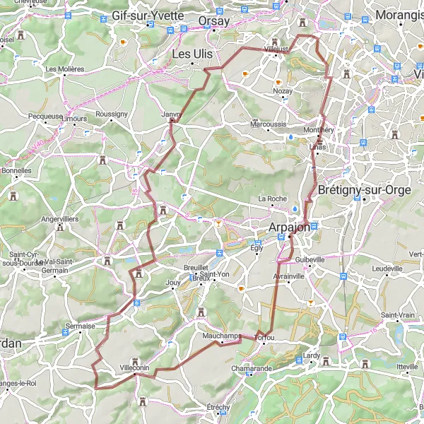 Miniature de la carte de l'inspiration cycliste "La Route des Chemins de Terre" dans la Ile-de-France, France. Générée par le planificateur d'itinéraire cycliste Tarmacs.app