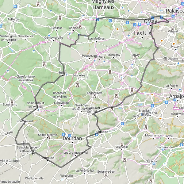 Miniature de la carte de l'inspiration cycliste "Les Châteaux de la Haute Vallée" dans la Ile-de-France, France. Générée par le planificateur d'itinéraire cycliste Tarmacs.app