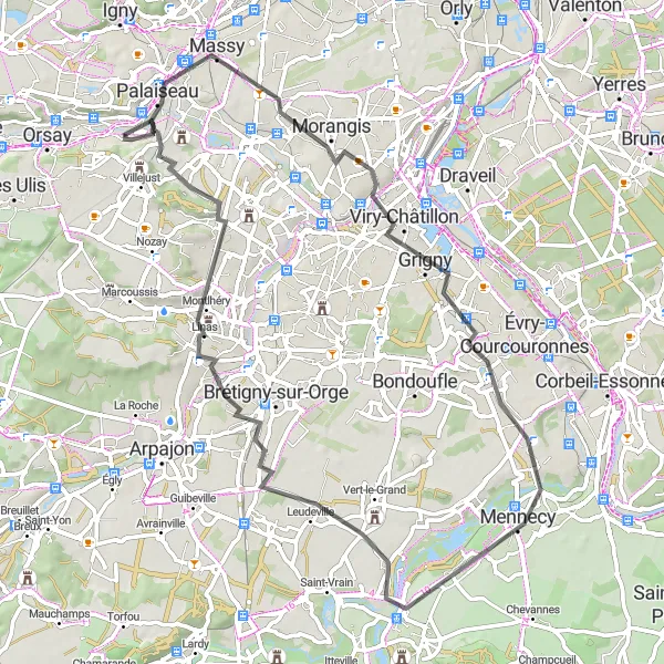 Miniature de la carte de l'inspiration cycliste "Le Tour des Vallées de l'Essonne" dans la Ile-de-France, France. Générée par le planificateur d'itinéraire cycliste Tarmacs.app
