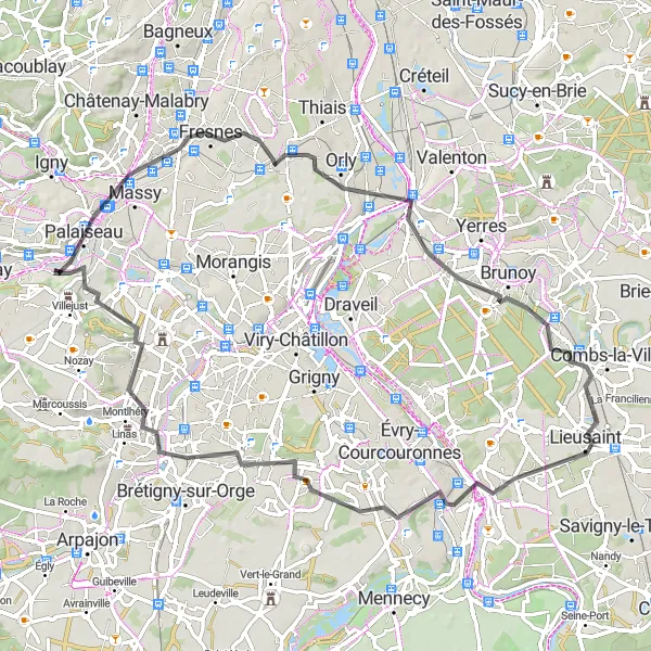 Miniature de la carte de l'inspiration cycliste "Les Pistes Secrètes de l'Essonne" dans la Ile-de-France, France. Générée par le planificateur d'itinéraire cycliste Tarmacs.app