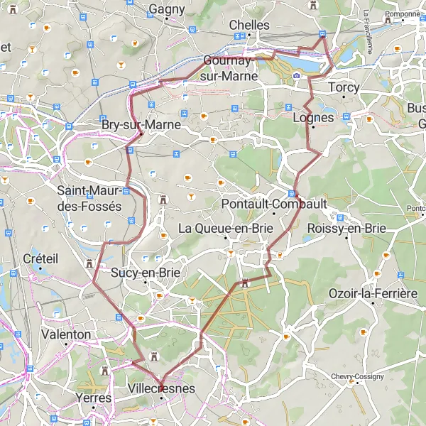 Miniature de la carte de l'inspiration cycliste "Itinéraire gravel de 57 km autour de Villecresnes" dans la Ile-de-France, France. Générée par le planificateur d'itinéraire cycliste Tarmacs.app