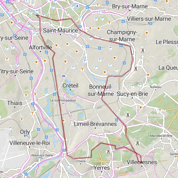 Map miniature of "Villecresnes Gravel Adventure" cycling inspiration in Ile-de-France, France. Generated by Tarmacs.app cycling route planner