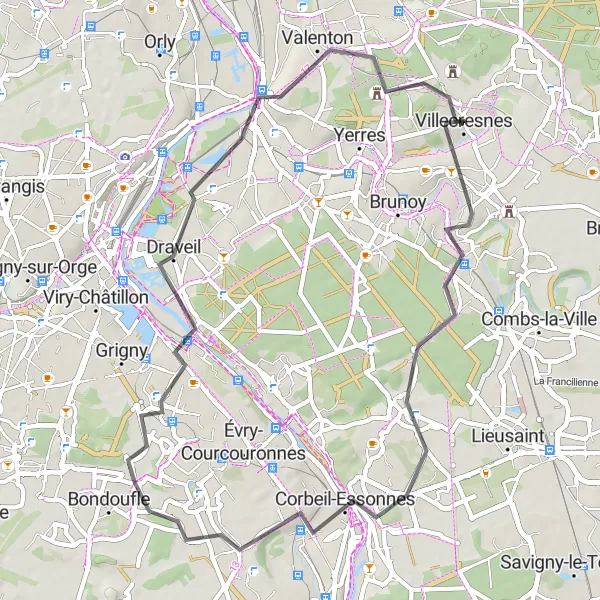 Miniature de la carte de l'inspiration cycliste "Parcours cyclable à partir de Villecresnes" dans la Ile-de-France, France. Générée par le planificateur d'itinéraire cycliste Tarmacs.app