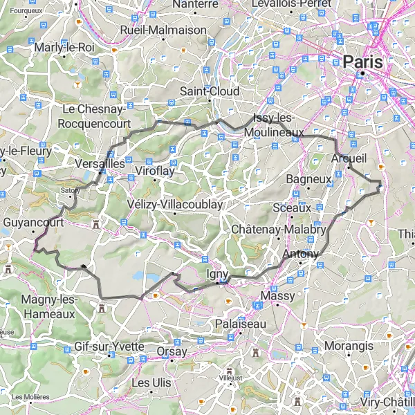 Miniature de la carte de l'inspiration cycliste "Parcours de cyclisme route à partir de Villejuif" dans la Ile-de-France, France. Générée par le planificateur d'itinéraire cycliste Tarmacs.app