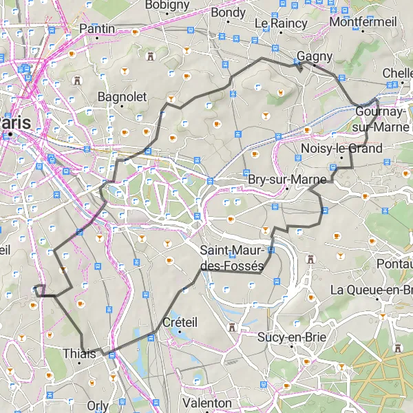 Miniature de la carte de l'inspiration cycliste "Itinéraire à vélo pittoresque près de Villejuif" dans la Ile-de-France, France. Générée par le planificateur d'itinéraire cycliste Tarmacs.app