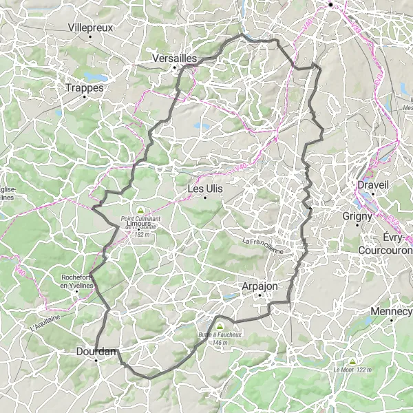Miniature de la carte de l'inspiration cycliste "Randonnée à vélo vers Dourdan" dans la Ile-de-France, France. Générée par le planificateur d'itinéraire cycliste Tarmacs.app