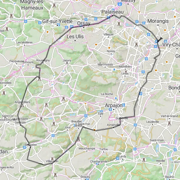 Miniature de la carte de l'inspiration cycliste "La boucle de la Vallée de l'Orge" dans la Ile-de-France, France. Générée par le planificateur d'itinéraire cycliste Tarmacs.app
