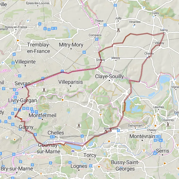 Miniature de la carte de l'inspiration cycliste "Boucle gravel de Villemomble à Vaires-sur-Marne" dans la Ile-de-France, France. Générée par le planificateur d'itinéraire cycliste Tarmacs.app