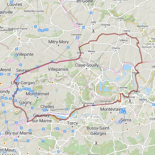 Miniature de la carte de l'inspiration cycliste "Boucle gravel de Villemomble à Noisy-le-Grand" dans la Ile-de-France, France. Générée par le planificateur d'itinéraire cycliste Tarmacs.app