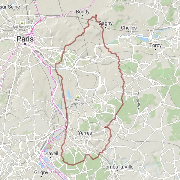 Map miniature of "Gravel Route around Villemomble" cycling inspiration in Ile-de-France, France. Generated by Tarmacs.app cycling route planner