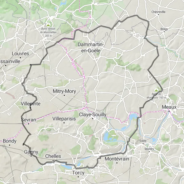 Map miniature of "Grand Loop of Chelles" cycling inspiration in Ile-de-France, France. Generated by Tarmacs.app cycling route planner