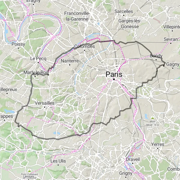 Miniature de la carte de l'inspiration cycliste "Parcours Road à la Découverte des Environs de Vincennes" dans la Ile-de-France, France. Générée par le planificateur d'itinéraire cycliste Tarmacs.app