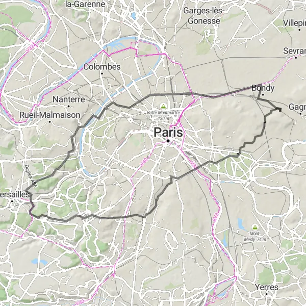 Miniature de la carte de l'inspiration cycliste "Boucle Road à Travers les Hauts de Seine et la Seine-Saint-Denis" dans la Ile-de-France, France. Générée par le planificateur d'itinéraire cycliste Tarmacs.app