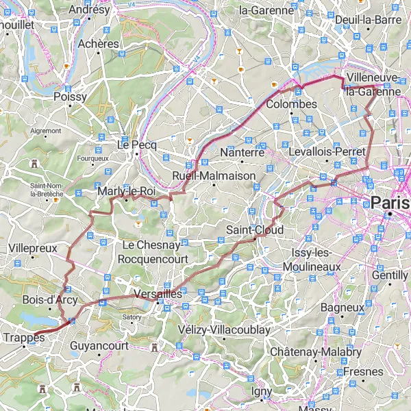 Map miniature of "Versailles Gravel Adventure" cycling inspiration in Ile-de-France, France. Generated by Tarmacs.app cycling route planner