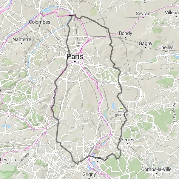 Map miniature of "Road to Paris" cycling inspiration in Ile-de-France, France. Generated by Tarmacs.app cycling route planner