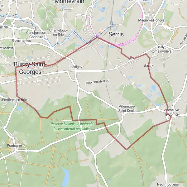 Miniature de la carte de l'inspiration cycliste "Circuit de l'Est de Paris en Gravel" dans la Ile-de-France, France. Générée par le planificateur d'itinéraire cycliste Tarmacs.app