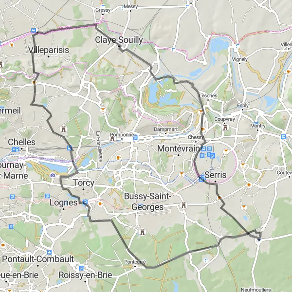 Map miniature of "Scenic Lake Views and Charming Towns" cycling inspiration in Ile-de-France, France. Generated by Tarmacs.app cycling route planner