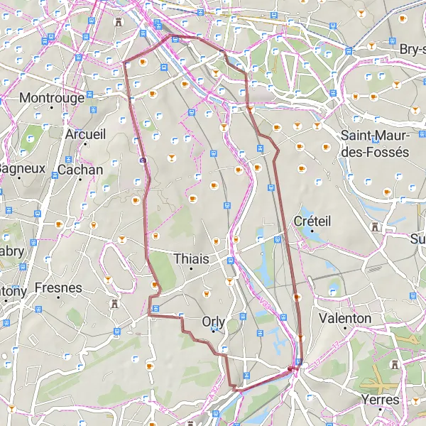 Map miniature of "Scenic Gravel Loop from Villeneuve-Saint-Georges" cycling inspiration in Ile-de-France, France. Generated by Tarmacs.app cycling route planner