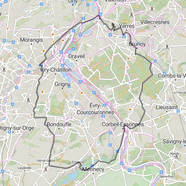 Map miniature of "Picturesque Road Ride near Villeneuve-Saint-Georges" cycling inspiration in Ile-de-France, France. Generated by Tarmacs.app cycling route planner