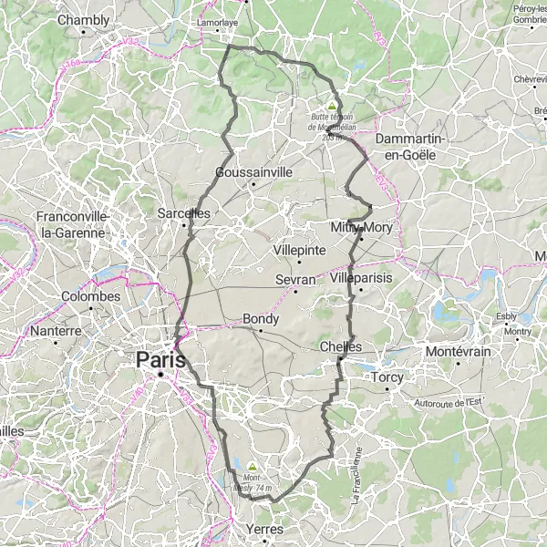 Map miniature of "Along the Seine and into the Forests" cycling inspiration in Ile-de-France, France. Generated by Tarmacs.app cycling route planner