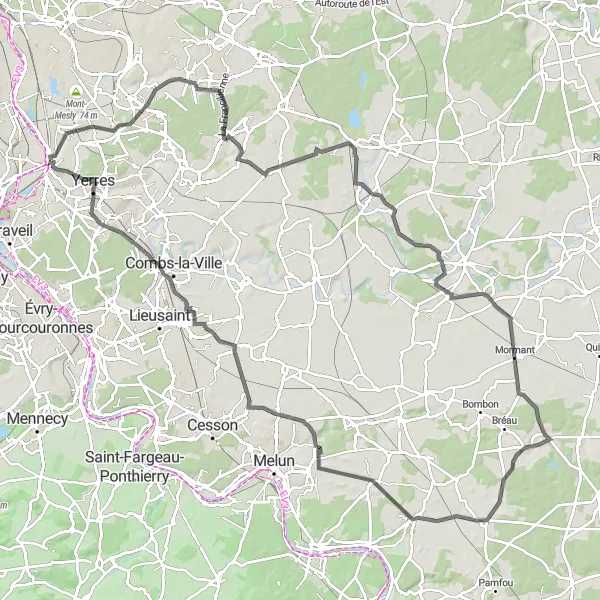 Map miniature of "Challenging Road Tour in the Vicinity of Villeneuve-Saint-Georges" cycling inspiration in Ile-de-France, France. Generated by Tarmacs.app cycling route planner