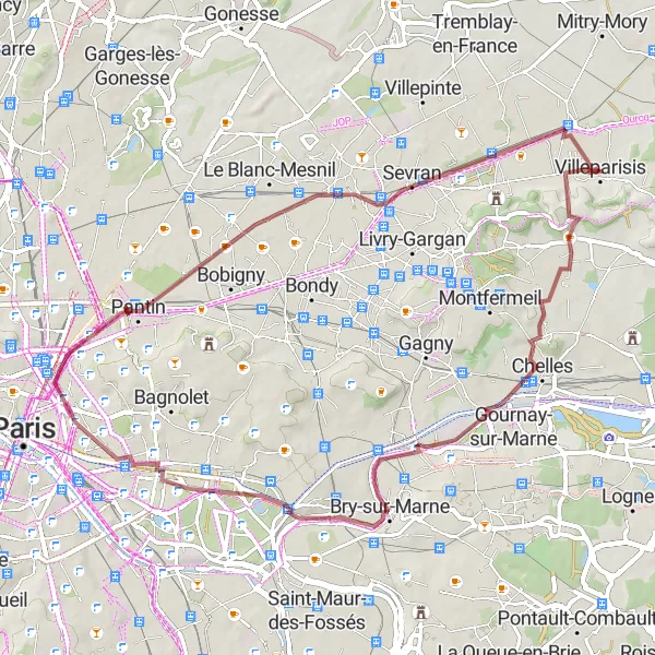 Miniature de la carte de l'inspiration cycliste "Parcours insolite de Noisy-le-Grand à Bobigny" dans la Ile-de-France, France. Générée par le planificateur d'itinéraire cycliste Tarmacs.app