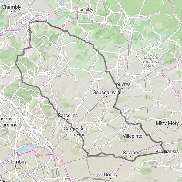 Map miniature of "The Forests of Villeparisis" cycling inspiration in Ile-de-France, France. Generated by Tarmacs.app cycling route planner