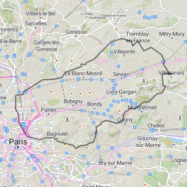 Miniature de la carte de l'inspiration cycliste "Route des Papillons" dans la Ile-de-France, France. Générée par le planificateur d'itinéraire cycliste Tarmacs.app