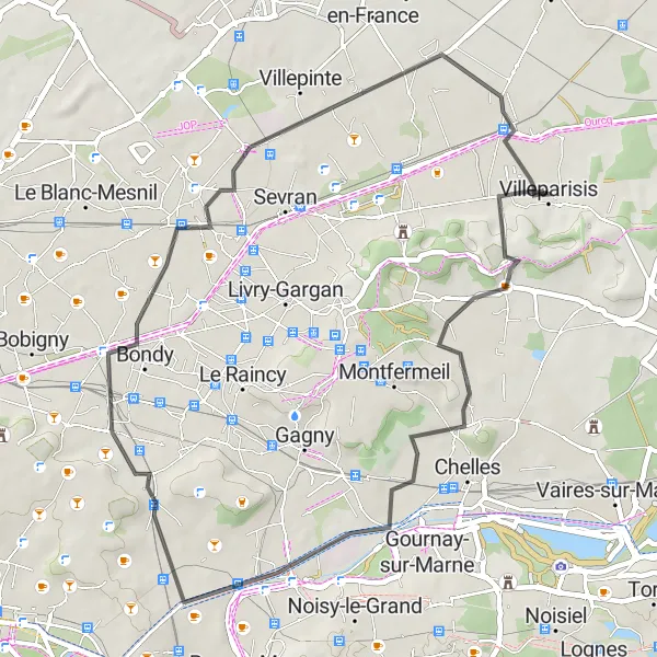 Miniature de la carte de l'inspiration cycliste "Escapade de Chelles à Villepinte" dans la Ile-de-France, France. Générée par le planificateur d'itinéraire cycliste Tarmacs.app
