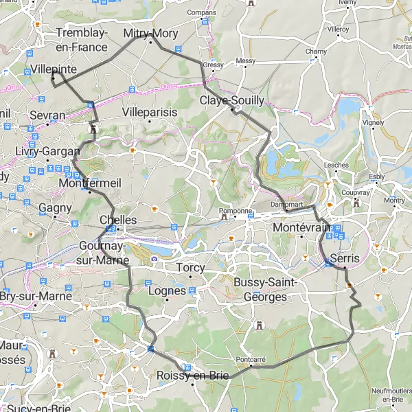Miniature de la carte de l'inspiration cycliste "Boucle de la Marne" dans la Ile-de-France, France. Générée par le planificateur d'itinéraire cycliste Tarmacs.app