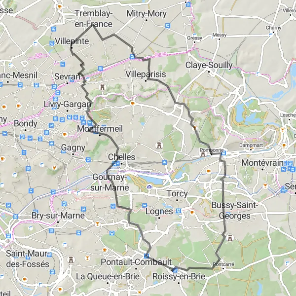 Map miniature of "Tremblay-en-France to Villepinte Road Loop" cycling inspiration in Ile-de-France, France. Generated by Tarmacs.app cycling route planner