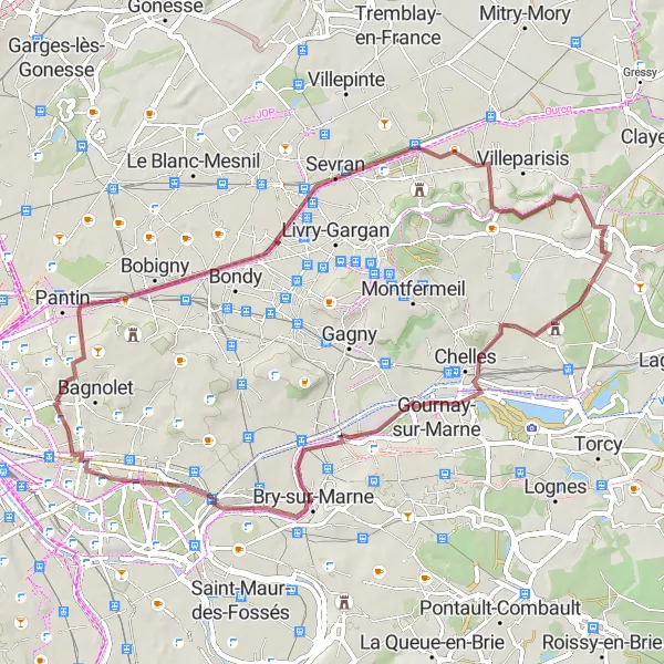 Miniature de la carte de l'inspiration cycliste "Les Trésors Cachés" dans la Ile-de-France, France. Générée par le planificateur d'itinéraire cycliste Tarmacs.app