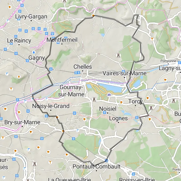 Miniature de la carte de l'inspiration cycliste "Parcours à travers Neuilly-sur-Marne et le Pin" dans la Ile-de-France, France. Générée par le planificateur d'itinéraire cycliste Tarmacs.app