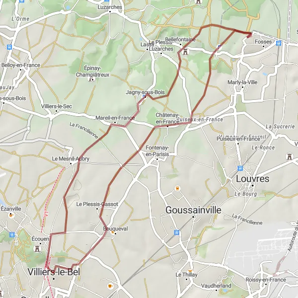 Miniature de la carte de l'inspiration cycliste "Défi cycliste à Villiers-le-Bel" dans la Ile-de-France, France. Générée par le planificateur d'itinéraire cycliste Tarmacs.app