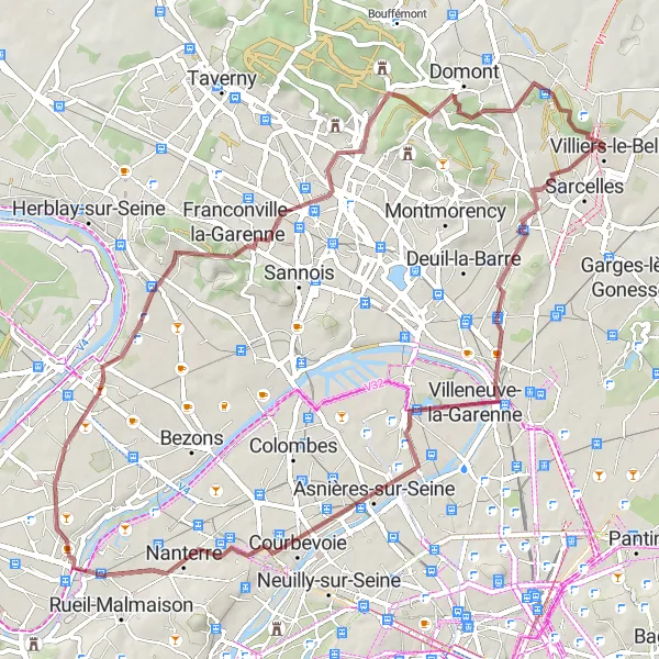 Miniature de la carte de l'inspiration cycliste "Bike Gravel Route Villiers-le-Bel explorer" dans la Ile-de-France, France. Générée par le planificateur d'itinéraire cycliste Tarmacs.app
