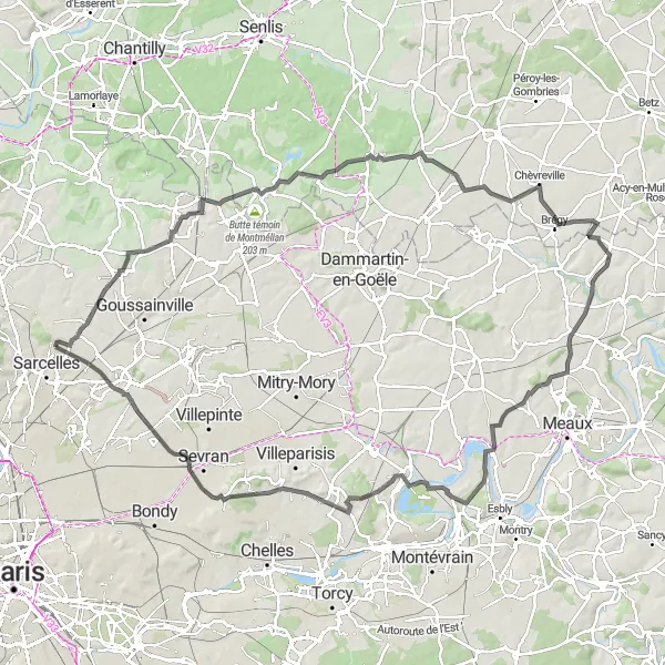 Miniature de la carte de l'inspiration cycliste "Parcours panoramique de 115 km depuis Villiers-le-Bel" dans la Ile-de-France, France. Générée par le planificateur d'itinéraire cycliste Tarmacs.app