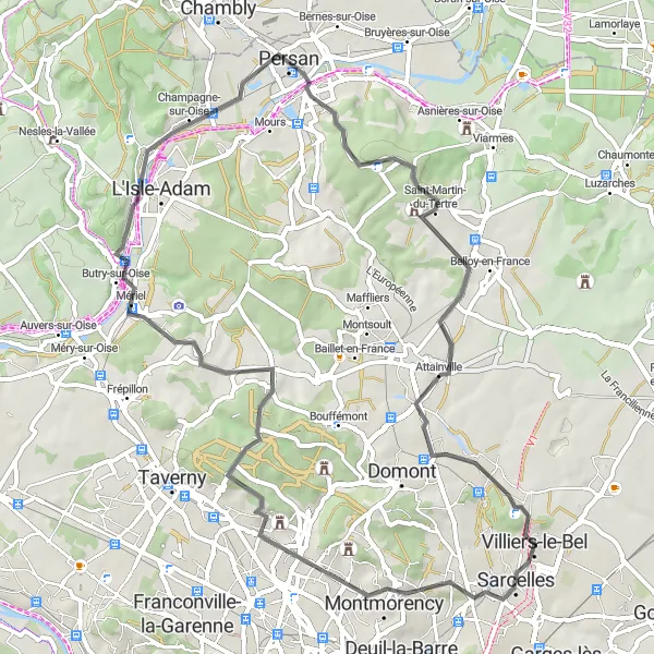 Miniature de la carte de l'inspiration cycliste "Les Plateaux du Val d'Oise en Road" dans la Ile-de-France, France. Générée par le planificateur d'itinéraire cycliste Tarmacs.app