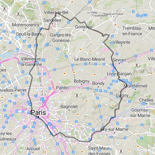 Miniature de la carte de l'inspiration cycliste "Gonesse et le Panthéon en Road" dans la Ile-de-France, France. Générée par le planificateur d'itinéraire cycliste Tarmacs.app