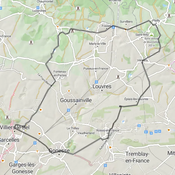 Miniature de la carte de l'inspiration cycliste "Circuit pittoresque autour de Villiers-le-Bel" dans la Ile-de-France, France. Générée par le planificateur d'itinéraire cycliste Tarmacs.app