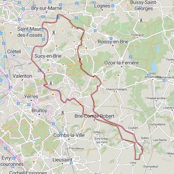 Miniature de la carte de l'inspiration cycliste "Chemins de Gravier autour de Villiers-sur-Marne" dans la Ile-de-France, France. Générée par le planificateur d'itinéraire cycliste Tarmacs.app