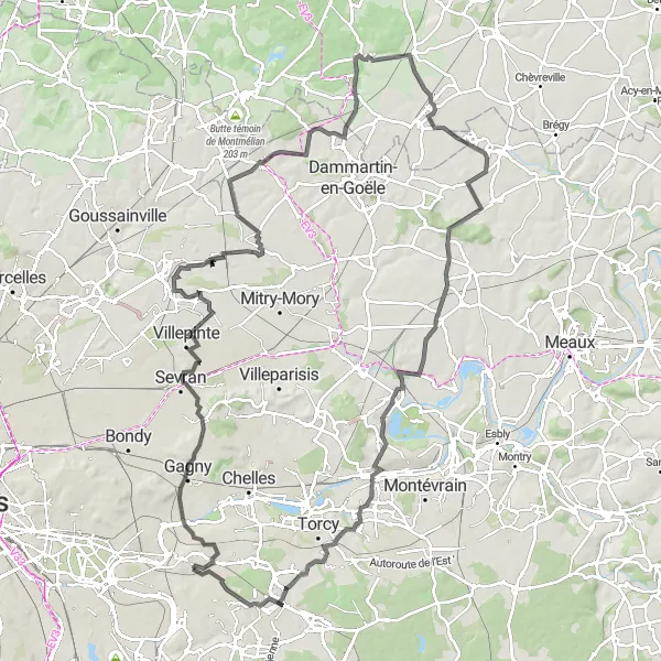 Miniature de la carte de l'inspiration cycliste "Parcours Routier à Travers la Campagne" dans la Ile-de-France, France. Générée par le planificateur d'itinéraire cycliste Tarmacs.app