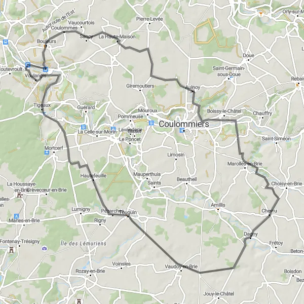 Map miniature of "Villiers-sur-Morin to Crécy-la-Chapelle Loop" cycling inspiration in Ile-de-France, France. Generated by Tarmacs.app cycling route planner