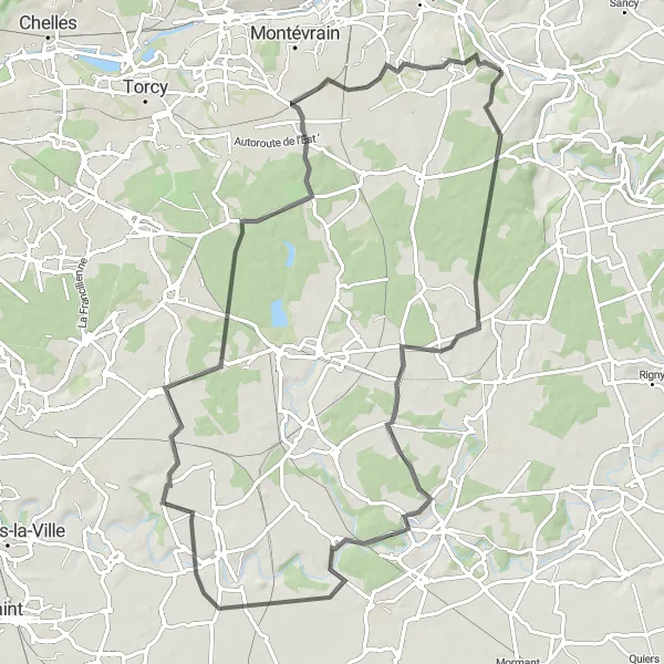 Map miniature of "Villiers-sur-Morin to Les Chapelles-Bourbon Loop" cycling inspiration in Ile-de-France, France. Generated by Tarmacs.app cycling route planner