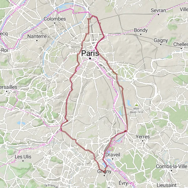 Map miniature of "The Gravel and City Exploration" cycling inspiration in Ile-de-France, France. Generated by Tarmacs.app cycling route planner