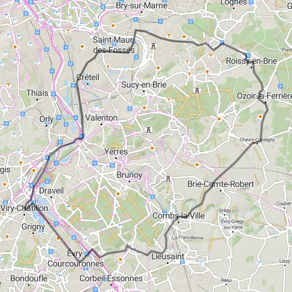 Map miniature of "The Rivers and forest loop" cycling inspiration in Ile-de-France, France. Generated by Tarmacs.app cycling route planner