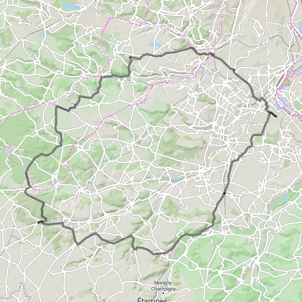 Miniature de la carte de l'inspiration cycliste "Circuit de Campagne du Sud-Est Parisien" dans la Ile-de-France, France. Générée par le planificateur d'itinéraire cycliste Tarmacs.app