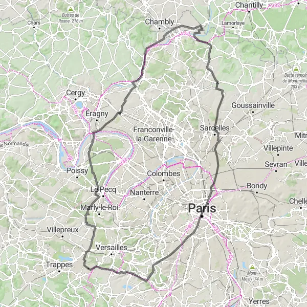 Miniature de la carte de l'inspiration cycliste "Parcours pittoresque de 133 km en vélo de route" dans la Ile-de-France, France. Générée par le planificateur d'itinéraire cycliste Tarmacs.app